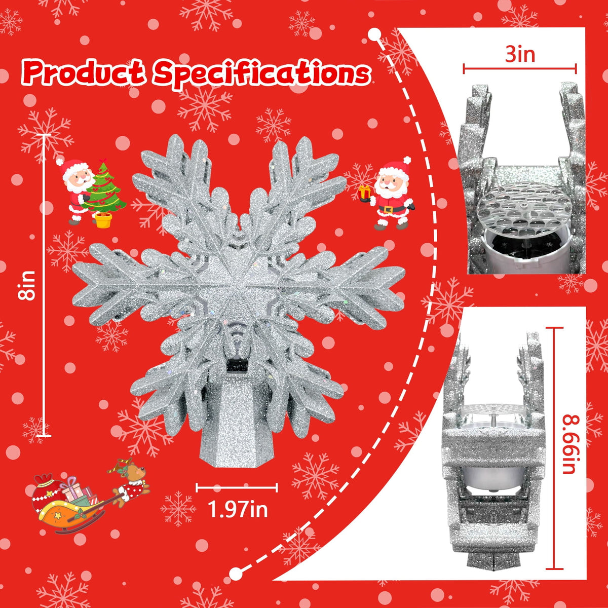 Christmas Tree Topper, Snowflake Tree Toppers Lighted Indoor with Rotating 3D Snowflake LED Projector, Hollow Glitter Lighted for Christmas Tree Decorations Holiday Ornaments, Sliver