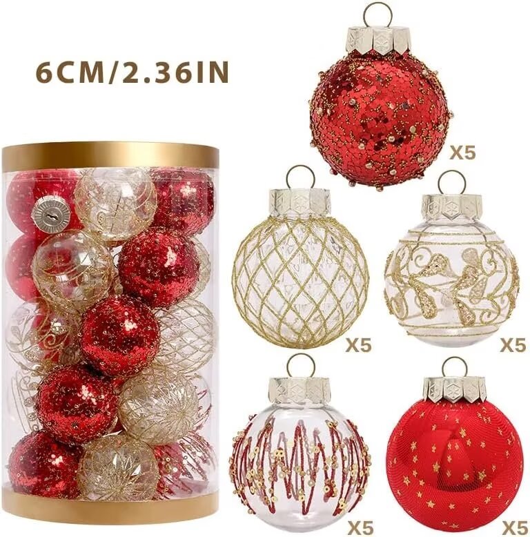 BENESKY 25 pcs Christmas Tree Ornament Balls, 2.4" Clear Shatterproof Christmas Decoration Balls, PET Painted Christmas Ball Set for Christmas Tree Decorations, Red & Gold