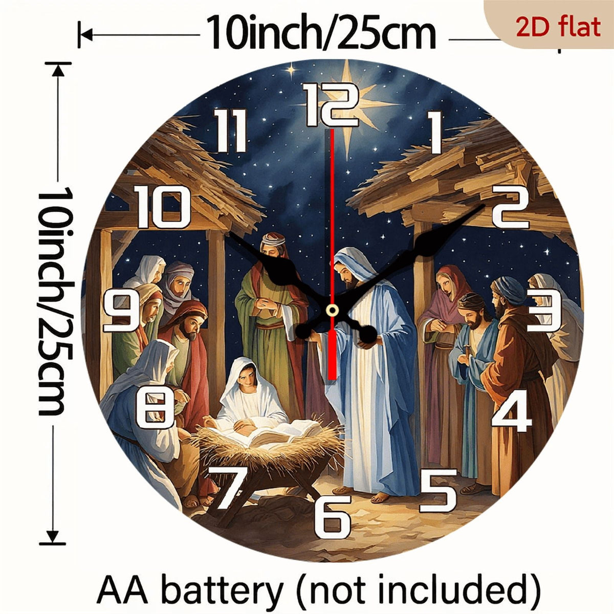 2D Flat 1pc 10Inch Wooden Wall Clock with Religious Nativity Scene Design Silent, Battery Operated (AA Not Included) Ideal for Home, Church, Office Decor Handcrafted Artistic Birthday Gift