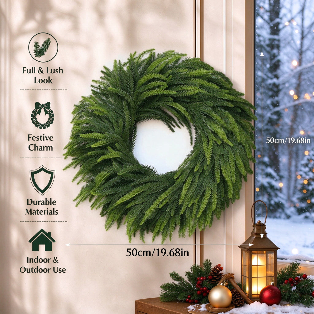 19.68in Christmas Norfolk Pine Wreath for Front Door - Artificial Greenery Wreath, Full Green Branches, All Season for Wall Porch Indoor Outdoor Decor