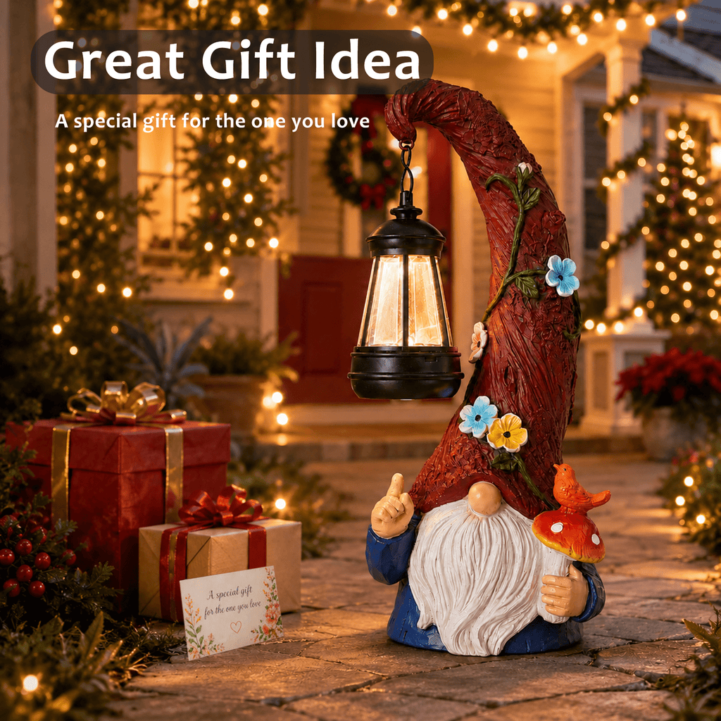 Volivo 13inch Garden Gnome Statue, Solar Powered Gnome Decor with LED Lantern, Waterproof for Patio Garden Pathway