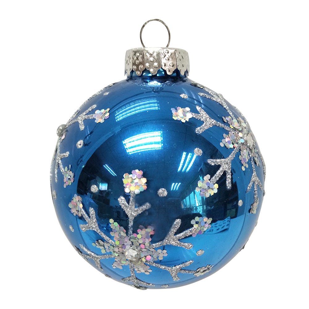 Kurt Adler 80MM Blue and Silver Glitter Snowflake Glass Ball Ornaments, 6 Piece Box - 3.15"