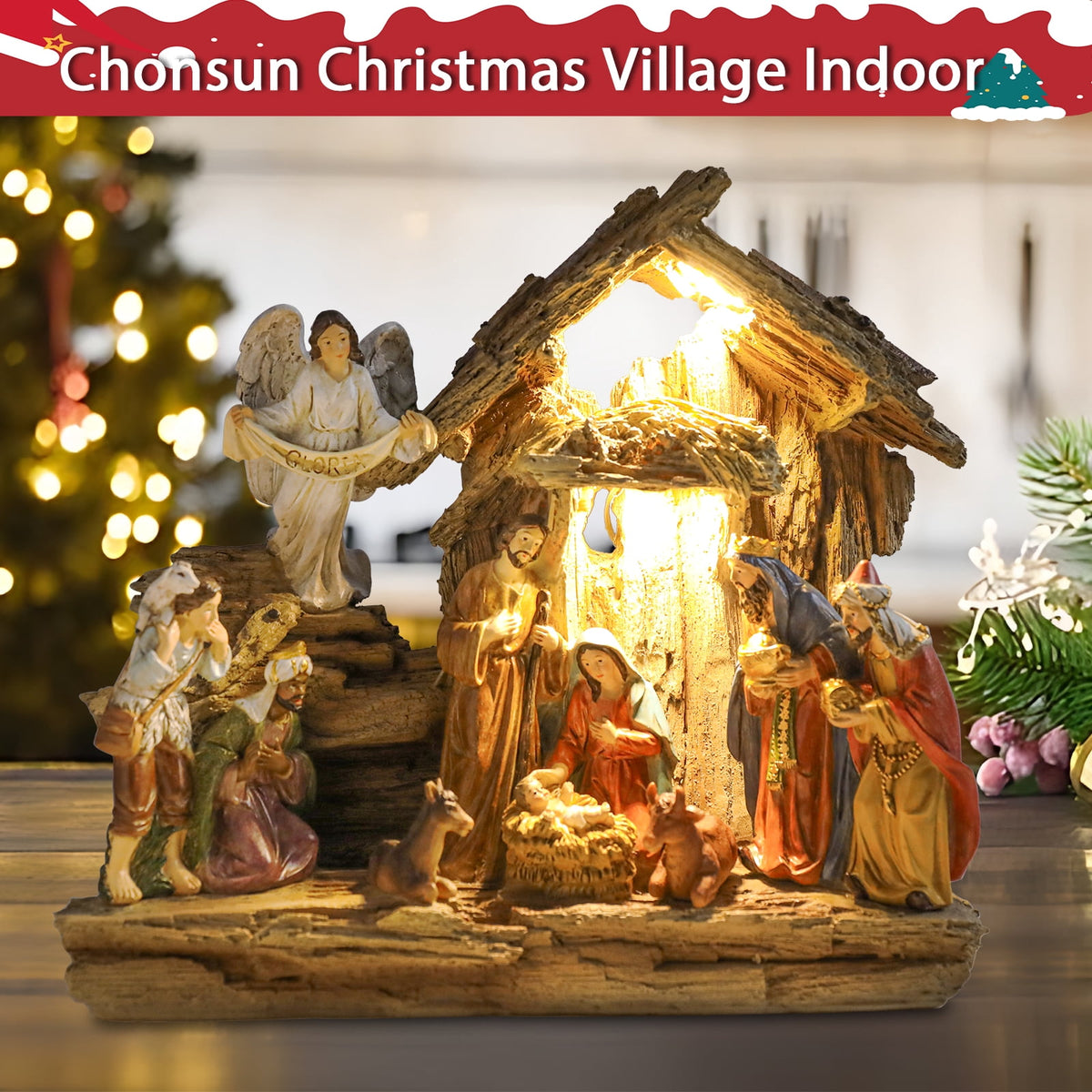 12.5 INCH Wonder Garden Christmas Nativity Set Figurine - Nativity Scene Statue with Moss Stable Village Music Decor