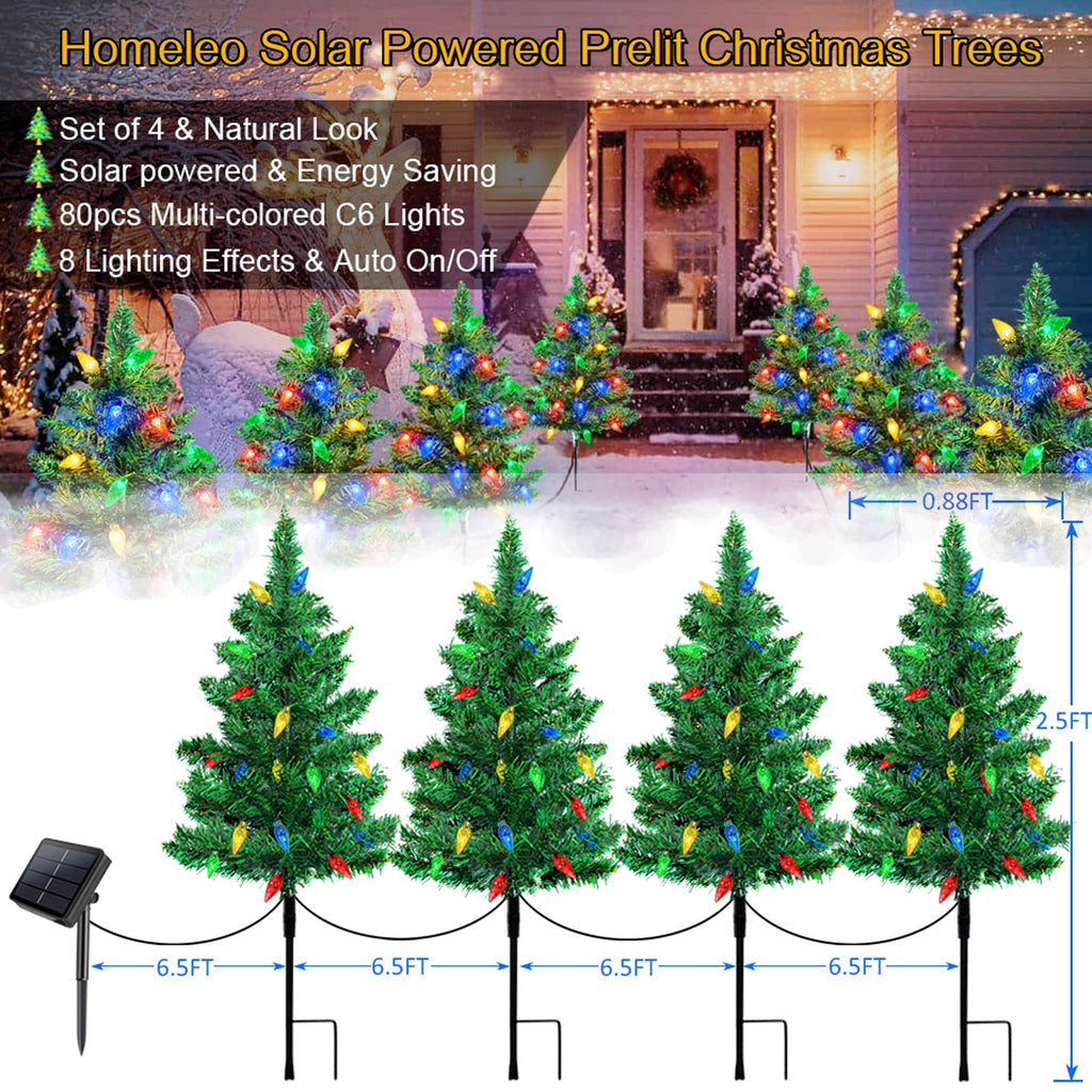 COCOBELA 4 Set Solar Christmas Tree 80pcs Multicolor LED Christmas Lights for Outdoor Christmas Decorations,Solar Powered Prelit Small Christmas Tree for Outside Pathway Garden Yard Decor