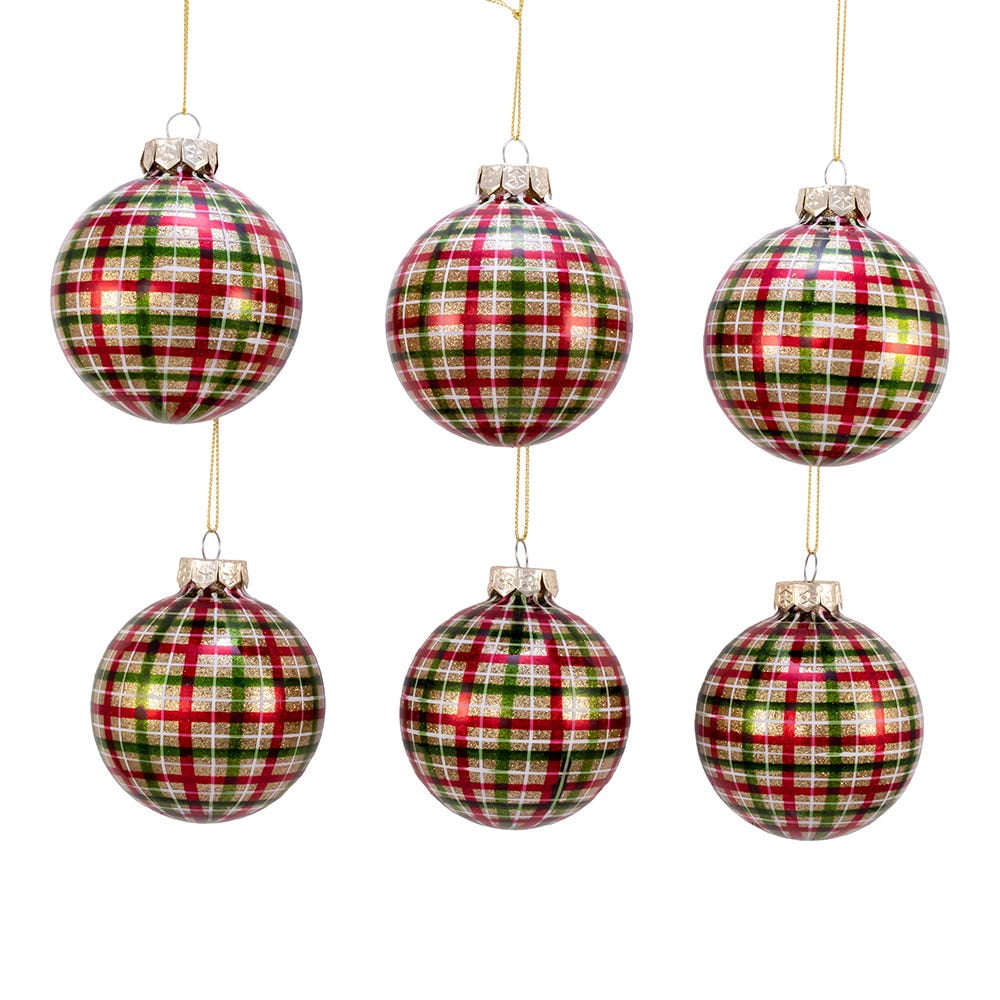 KSA 6ct Red and Green Plaid Glass Christmas Ball Ornaments 3" (80mm)