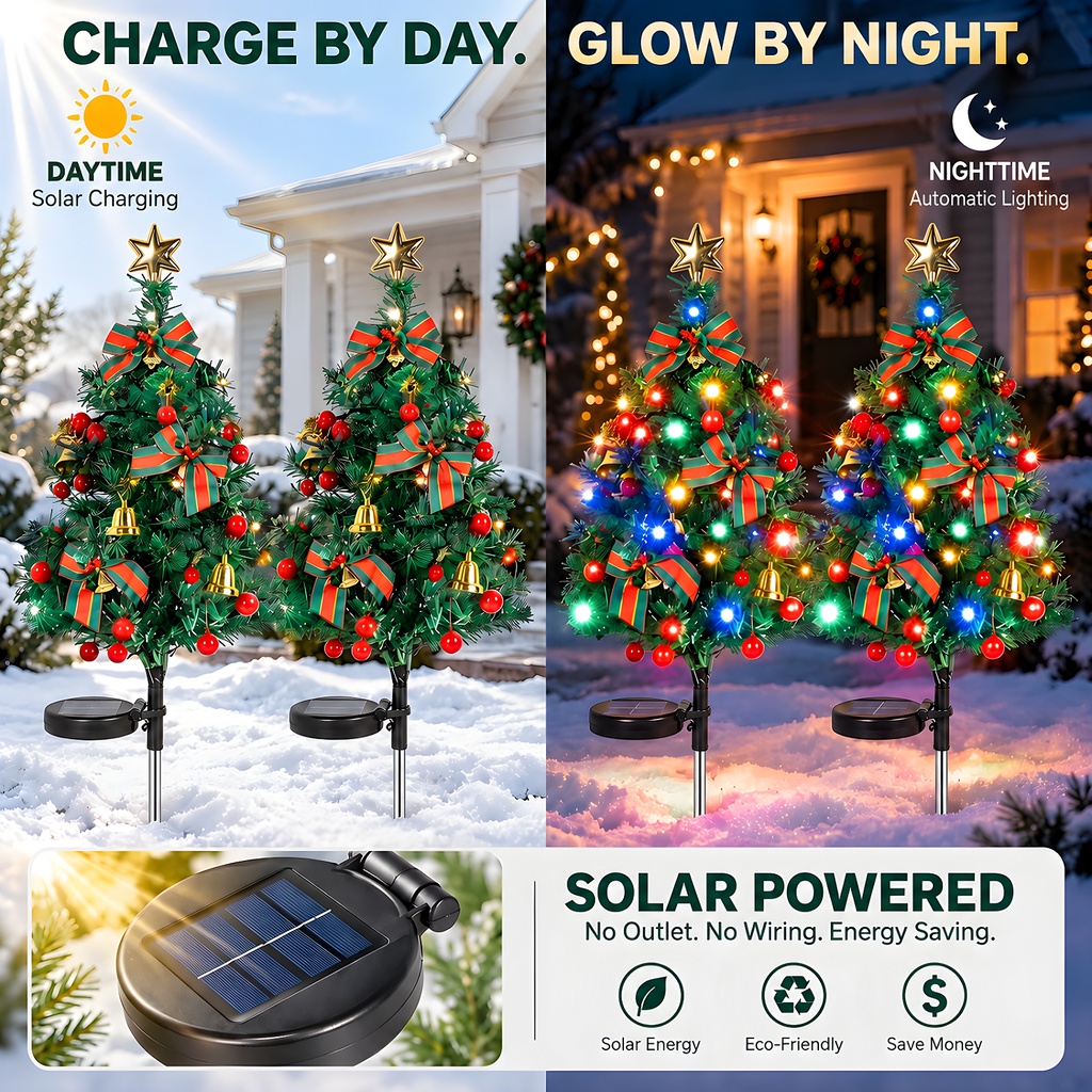 2 Pack Solar Powered Christmas Tree Lights, Outdoor Holiday Decor with 40 Bright LEDs, Waterproof Xmas Garden Decorations for Pathway, Yard, Grave and Lawn