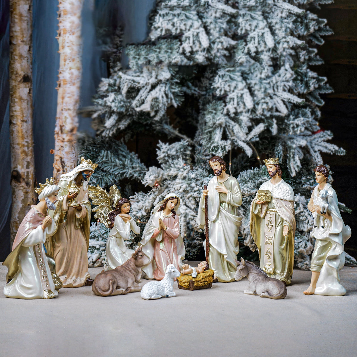 Zayton 11-Piece Nativity Set 8" Light Gold Resin Holy Family Figurines Nativity Scene Tabletop Christmas Decor