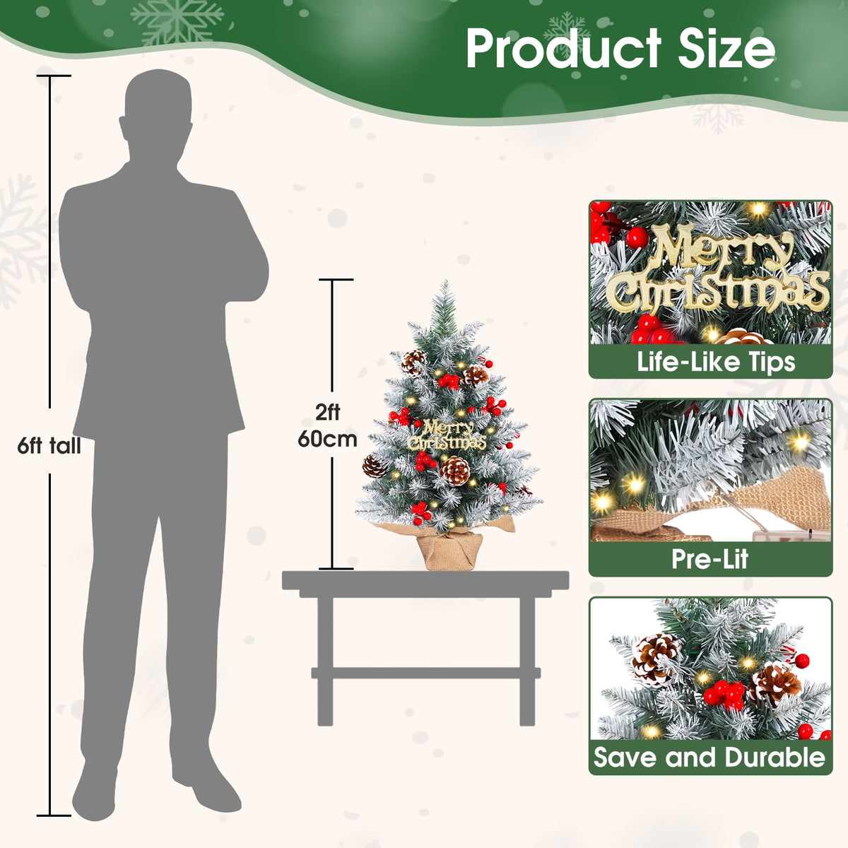 22" Mini Christmas Tree with 30 LEDs, Red Berries & Pinecones, DIY Kit, Battery Powered Tabletop Tree Christmas Decorations Gifts for Dorms, Offices, Home, Classrooms Desks & Small Spaces