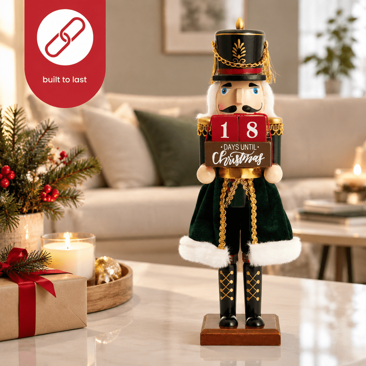 12-inch Wooden Christmas Nutcracker Countdown Decorative Advent Figure