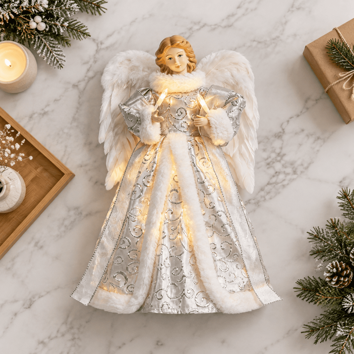 12 Inch Lighted Angel Christmas Tree Topper, Elegant Holiday Decor with Warm Lights