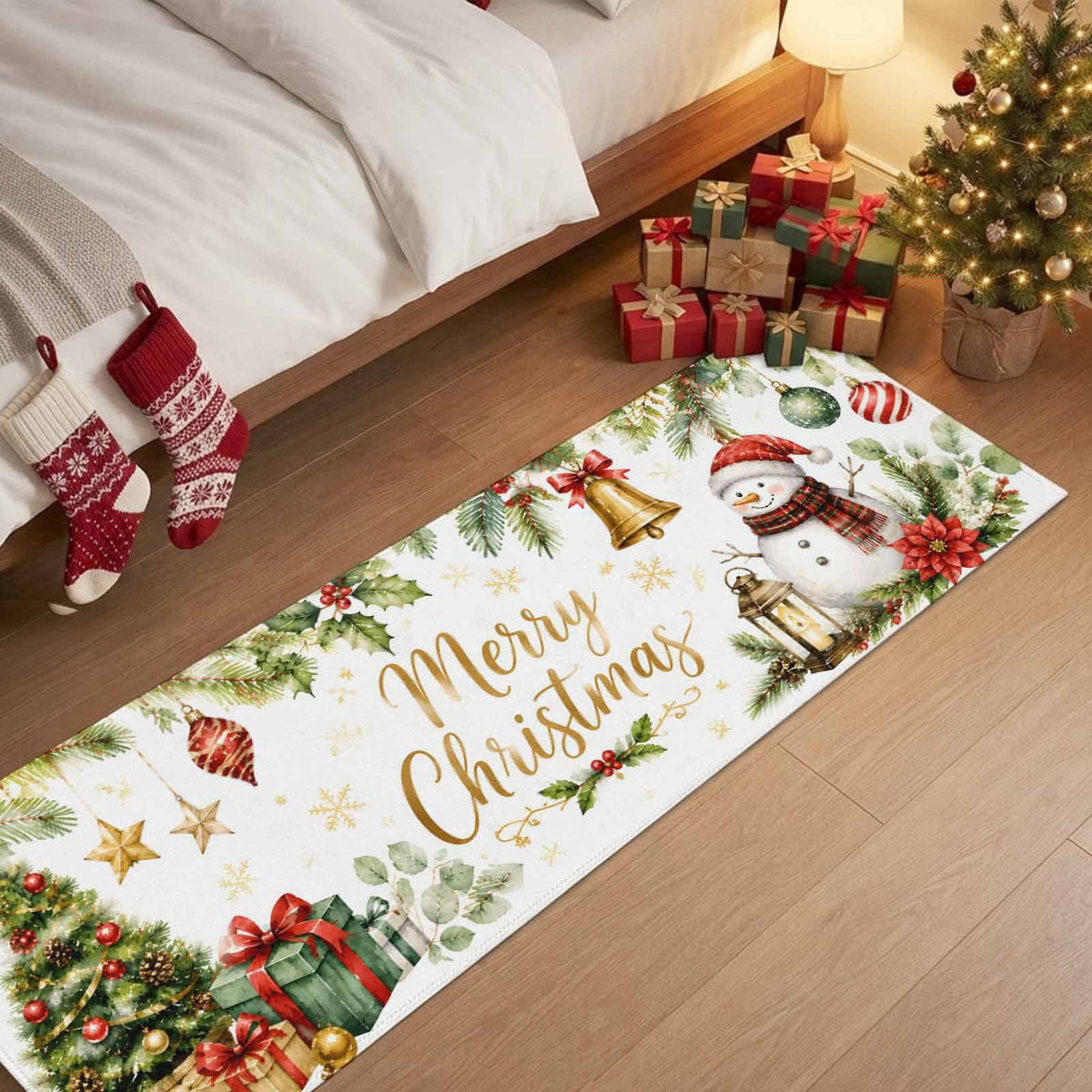Large Area Rugs for Living Room Bedroom, Blue Merry Christmas 8'x10' Rug Washable Carpet Runner Indoor Outdoor, Xmas Tree Snowman Eucalyptus Wood Non Slip Floor Mats Rug for Kitchen, Patio
