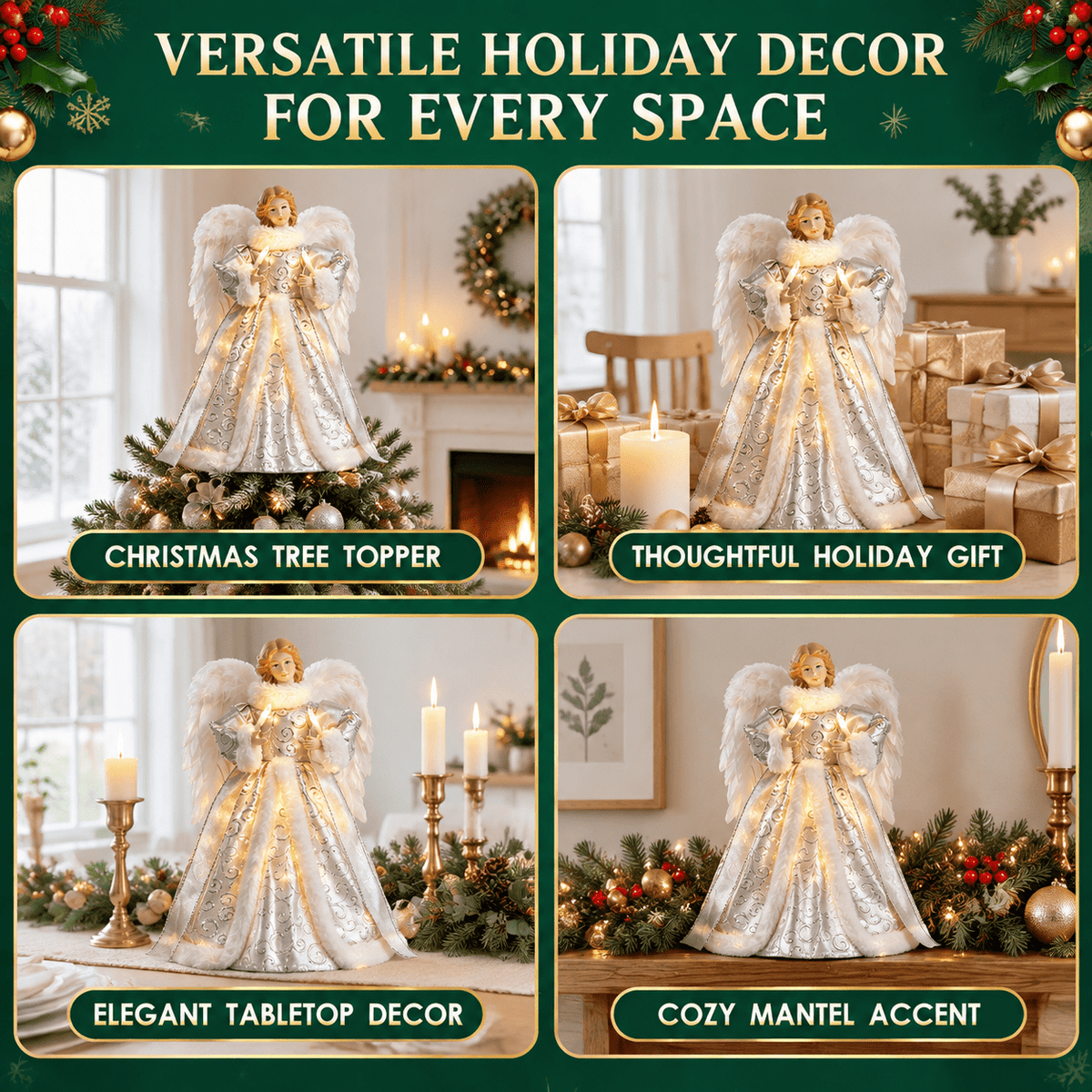 12 Inch Lighted Angel Christmas Tree Topper, Elegant Holiday Decor with Warm Lights