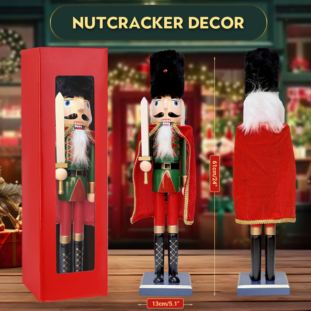 24Inch Wooden Soldier Nutcracker Christmas Decor - Festive Christmas Nutcracker Gift, Winter Indoor Decoration for Table, Desktop & Fireplace
