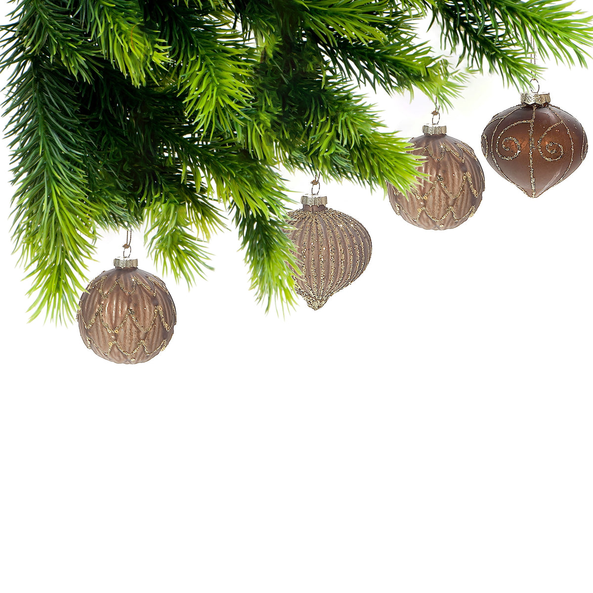 Maison Concepts Xmas Ornaments Brown Glass Ornament With Gold Glitter - Set of 12 - 8 L x 8 W x 8 H