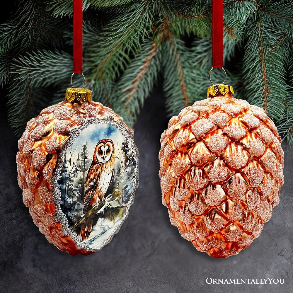 Illustrious Pinecone Beauties Woodland Animal Set of Four Glass Christmas Ornaments, Deer, Fox, Owl and Cardinal Vintage Winter Forest Decor