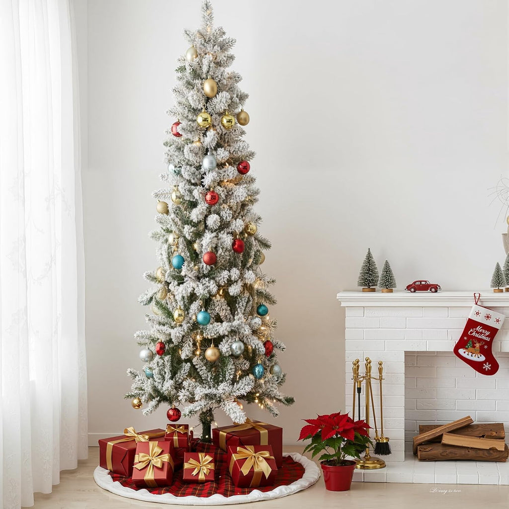 LIFERECORD 6ft Prelit Artificial Hinged Slim Pencil Christmas Tree with 250 Lights, 571 Full Branch Tips, 8 Warm Lingting Motes Perfect Decoration for Xmas Holiday, Green