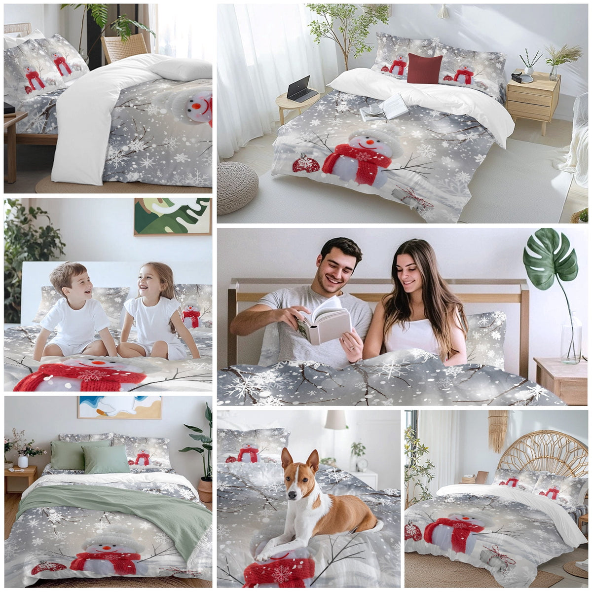 Christmas Duvet Cover Set Twin Size, Cute Red Snowman Pine Branches Winter Snowfall 4 Piece Soft Microfiber Bedding Set with 1 Duvet Cover, 1 Flat Sheet, 2 Pillowcases