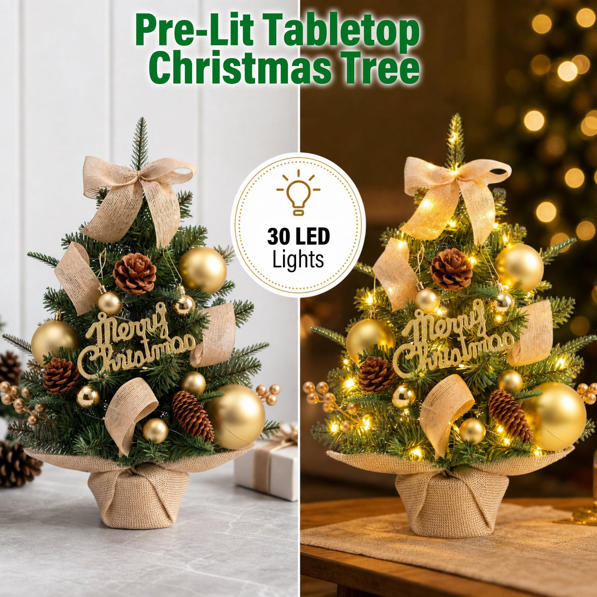 22" Mini Christmas Tree with 30 LEDs, Red Berries & Pinecones, DIY Kit, Battery Powered Tabletop Tree Christmas Decorations Gifts for Dorms, Offices, Home, Classrooms Desks & Small Spaces
