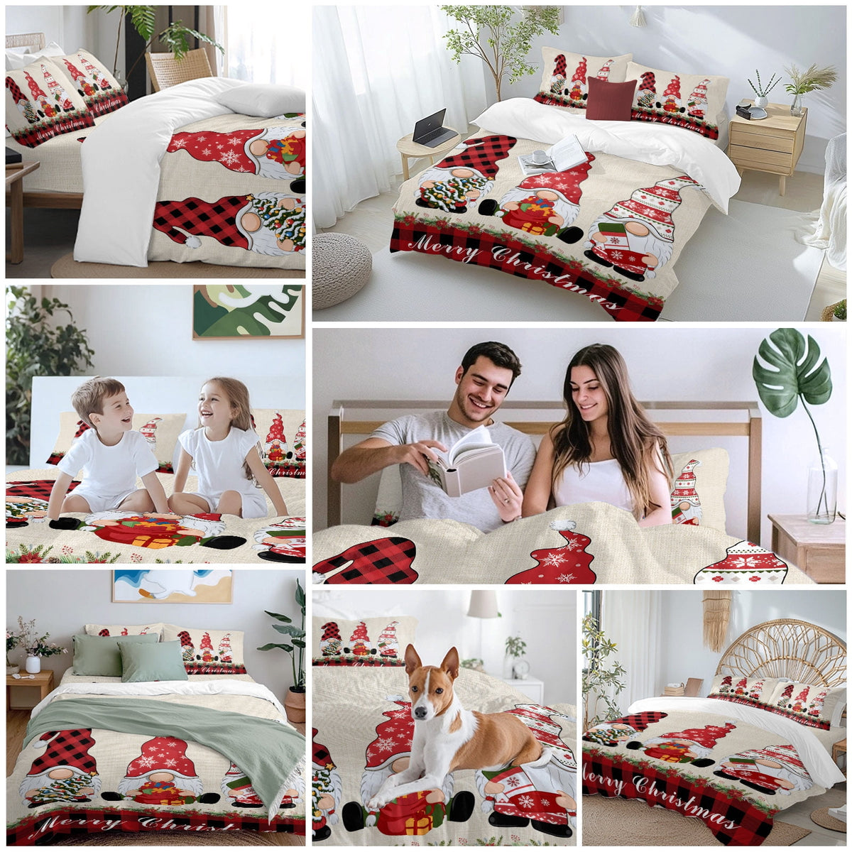 Christmas Dwarfs Bedding Duvet Cover Set Full Size 4 Pieces Winter Hat Gnome Poinsettia Retro Linen Plaid Bedding Set with Zipper Closure,1 Comforter Cover 86x90 Inches 1 Flat Sheet & 2 Pillow Cases