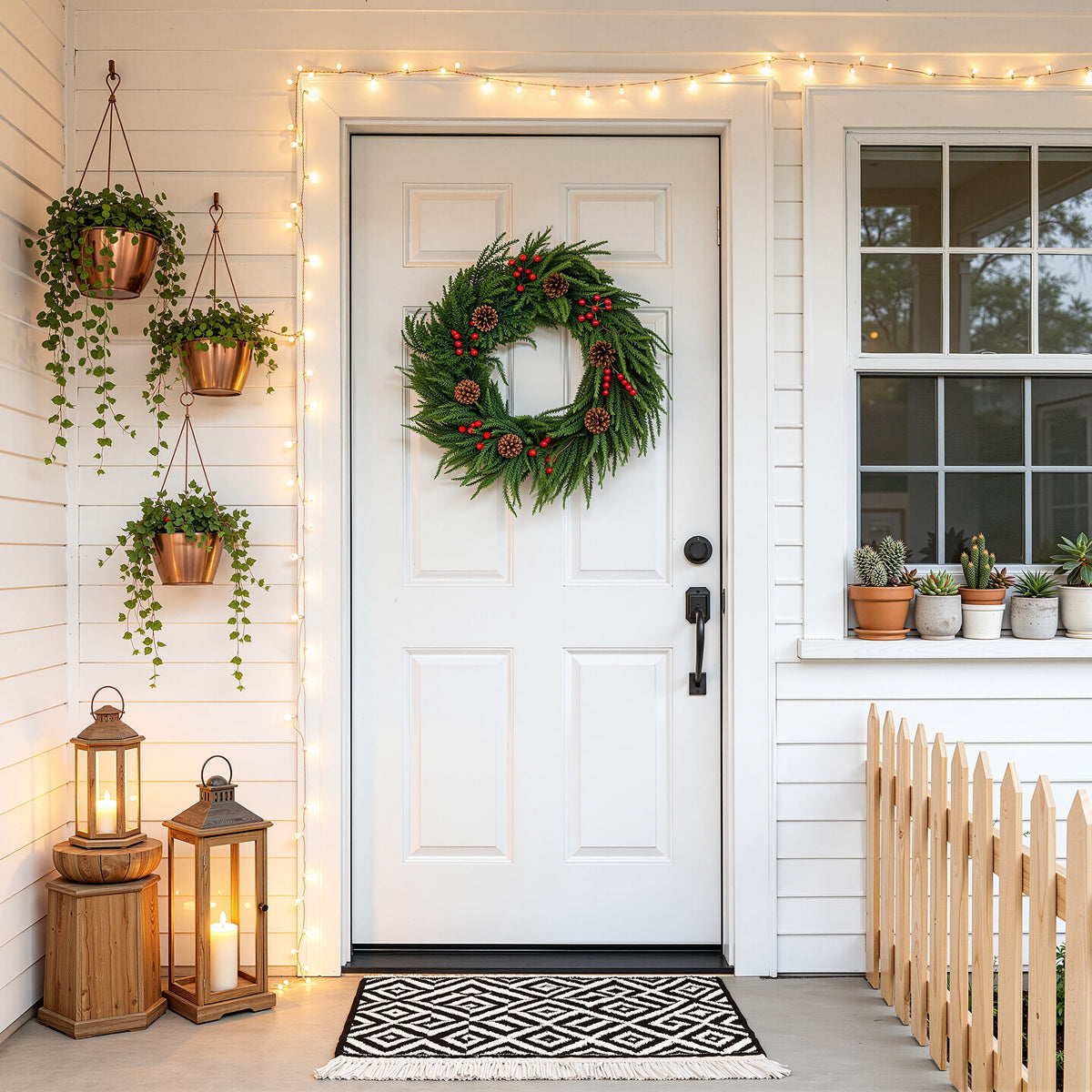 DR.Planzen 24" Pre-Lit Red Berry & Pinecone Christmas Wreath with 57 PE Branches, Realistic Norfolk Pine Garland Ring for Front Door & Indoor Wall Decor