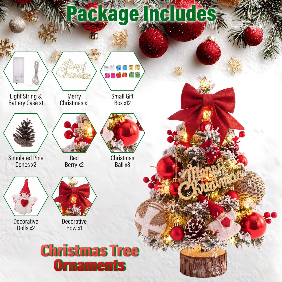 22" Mini Christmas Tree with 30 LEDs, Red Berries & Pinecones, DIY Kit, Battery Powered Tabletop Tree Christmas Decorations Gifts for Dorms, Offices, Home, Classrooms Desks & Small Spaces