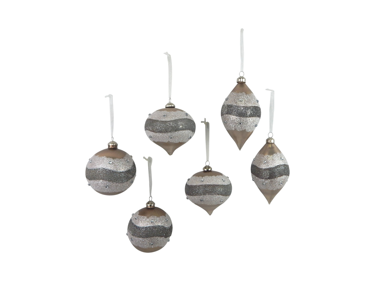 Silver Glittered with Beaded Band 3.95in Glass Ornament for Craft Christmas Tree Winter Holiday Garden Outdoor Home Wedding Ceremony Wall Arch Aisle Decor (Platinum, One Set of 6)