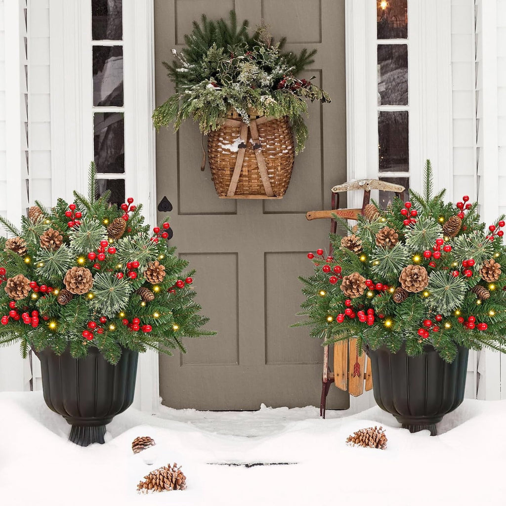 Ikfashoni 2 Pack Christmas Urn Filler, 26 in Pre-lit Outdoor Christmas Tree with Remote, Artificial Christmas Porch Pathway Decoration