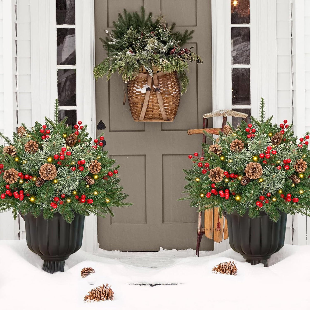 Ikfashoni 2 Pack Christmas Urn Filler, 26 in Pre-lit Outdoor Christmas Tree with Remote, Artificial Christmas Porch Pathway Decoration
