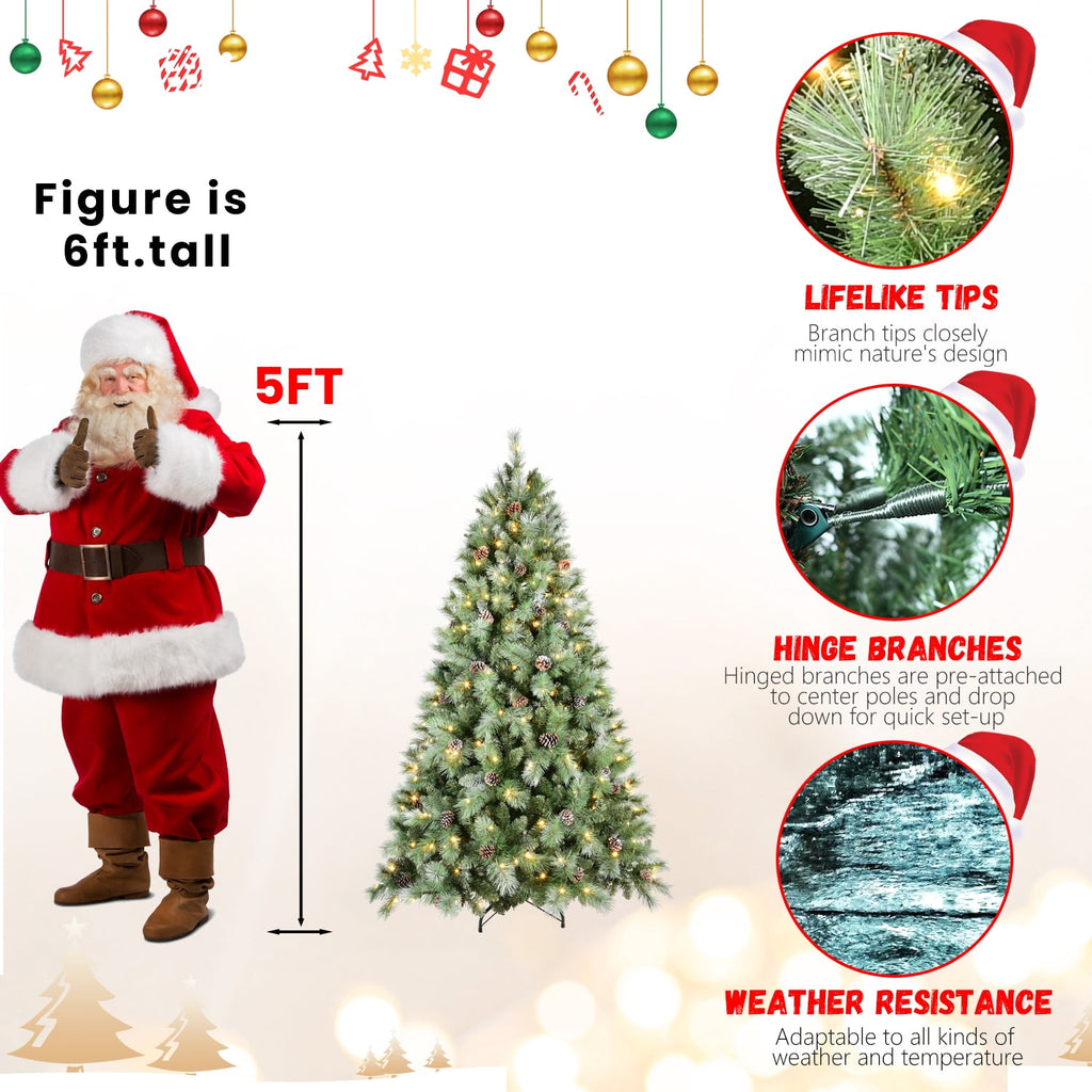 Acpouw 6FT Christmas Tree with 300 Warm White LED Lights – 988 PVC & Hard Needle Tips, 66 Pine Cones, Hinged Branch Design, Sturdy Metal Stand – Full Realistic Holiday Tree