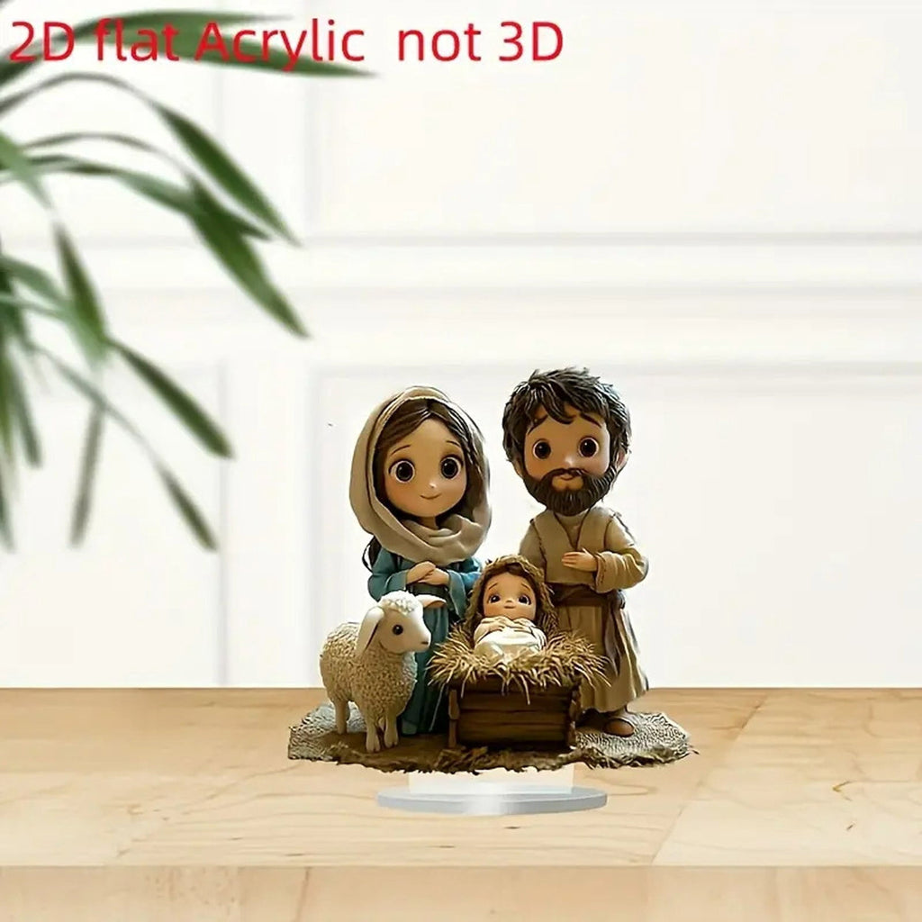 2D Acrylic Nativity Scene - Flat Manger Tabletop Decor with Sheep & Holy Family (Khaki)