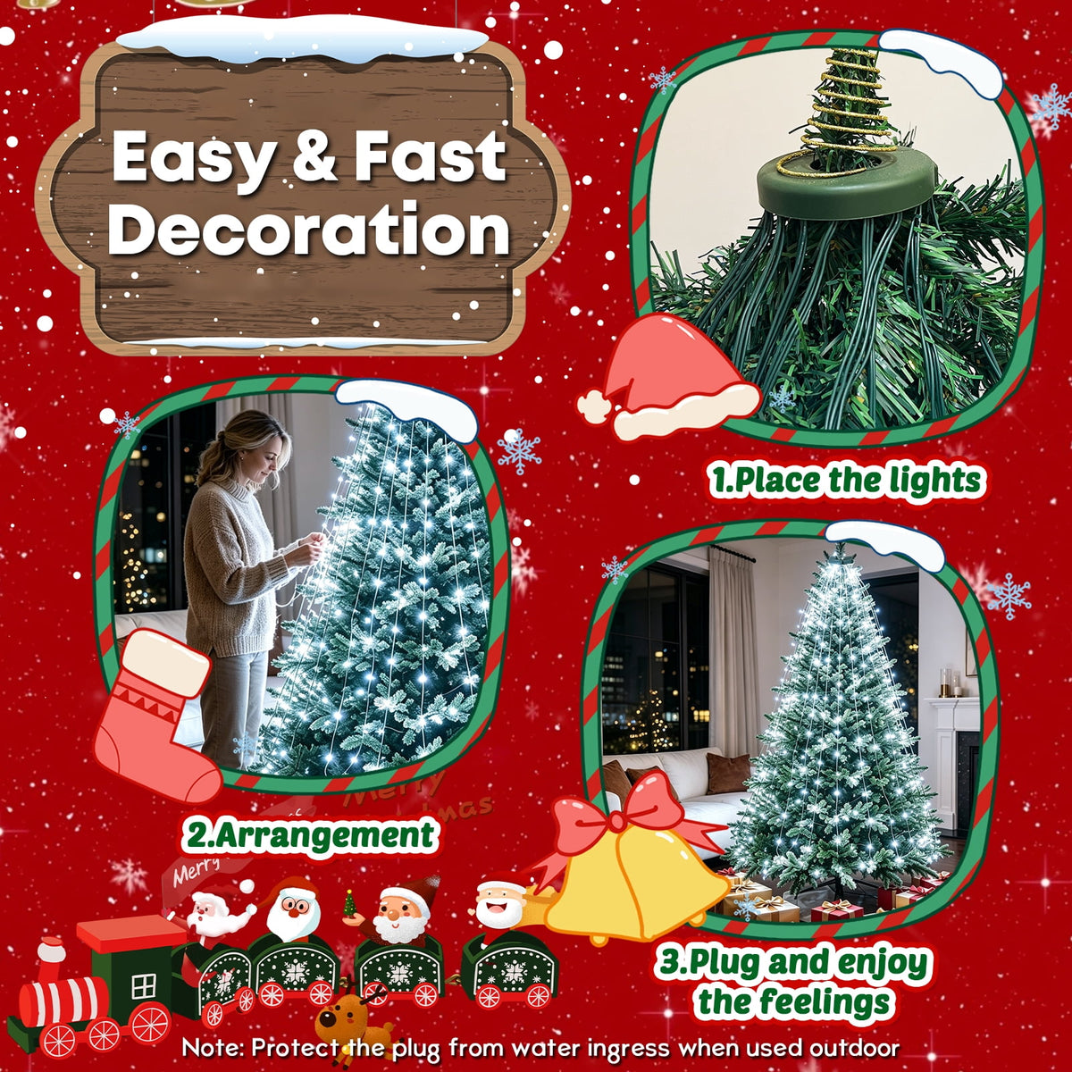 Christmas Tree Lights with Ring, 400 LED Cool White Tree Ring Light, 16 Strands 6.6FT Cascade with Remote & Timer for Indoor Xmas Tree Decor