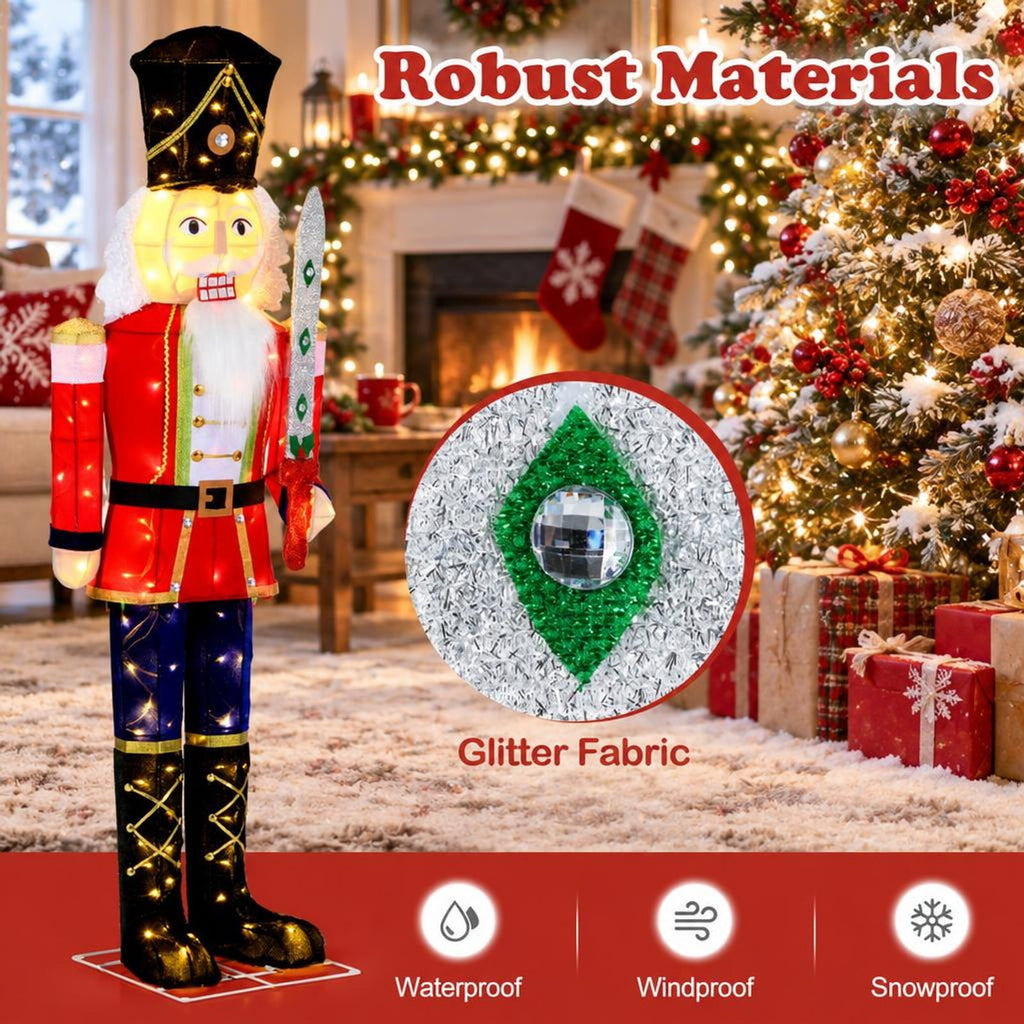 RUIE Lighted Christmas Nutcracker, 5 ft Outdoor Holiday Figure with 100 Warm White LED Lights, Glitter Sword, Metal Frame and Long Cord