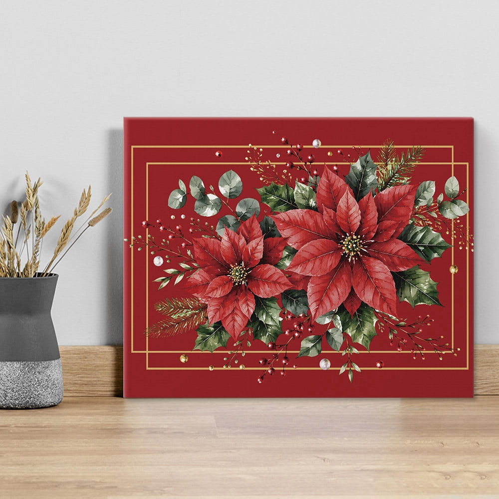 Christmas Poinsettia Flower Canvas Print Wall Art Festive Eucalyptus Leaves Red Base Wall Decor Modern Artwork Paintings Pictures for Living Room Stretched and Framed Ready to Hang - 24" x 32"