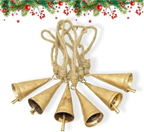 Christmas Bells for Decoration –Set of 6 Rustic Cow Bells for Hanging with Jute Rope – Gold Bells for Crafts - Tree Decoration Ornaments