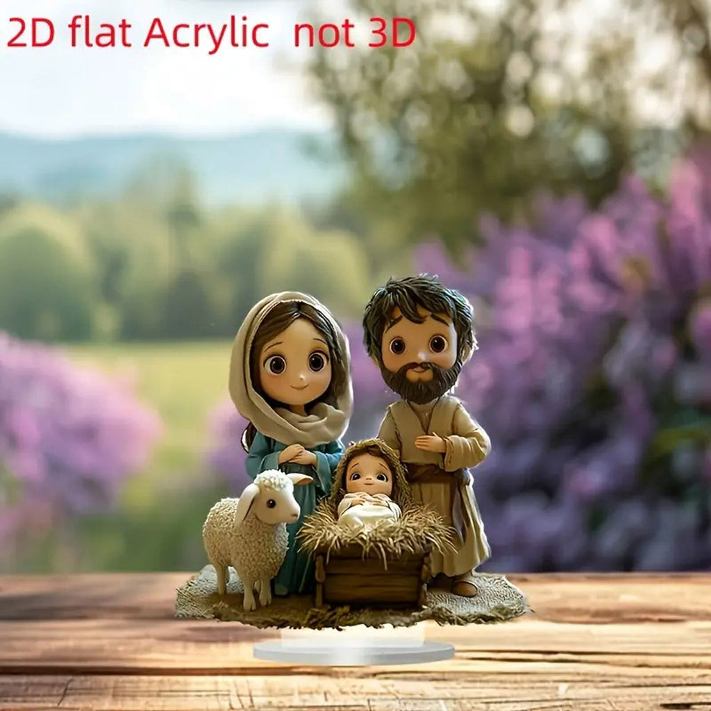 2D Acrylic Nativity Scene - Flat Manger Tabletop Decor with Sheep & Holy Family (Khaki)