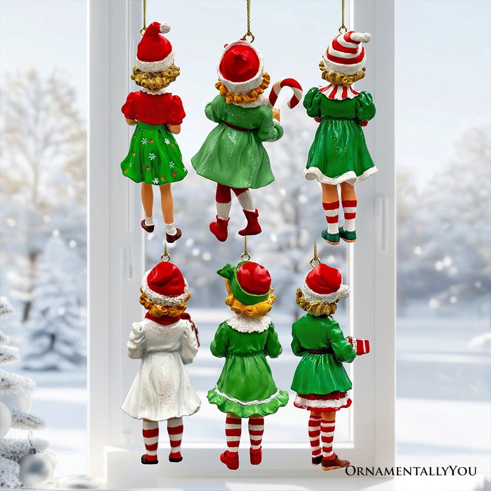 Nostalgic Victorian Christmas Girl Charming Set of 6 Ornaments, Vintage Old Fashioned Resin Holiday Decoration