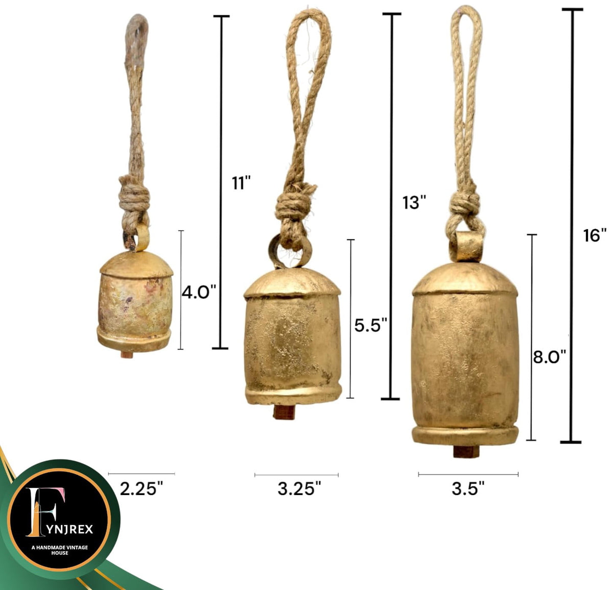 Set of 9 Cow Bells Hanging Rod Wall Mount Bracket Rustic Gold Brass Jute Rope Tibetan Christmas Decor