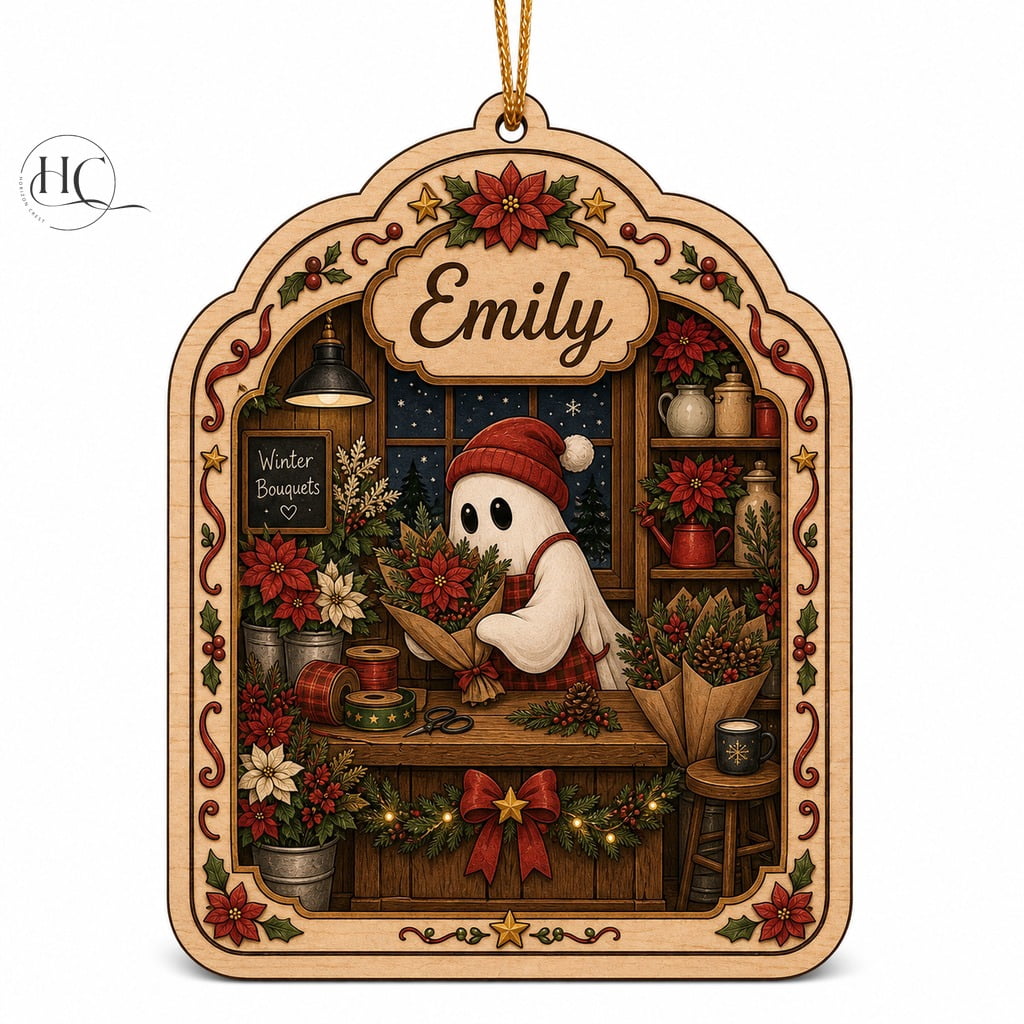 Ornament Ghost Christmas Flower Shop Wood Hanging Keepsake Personalized Holiday Gift