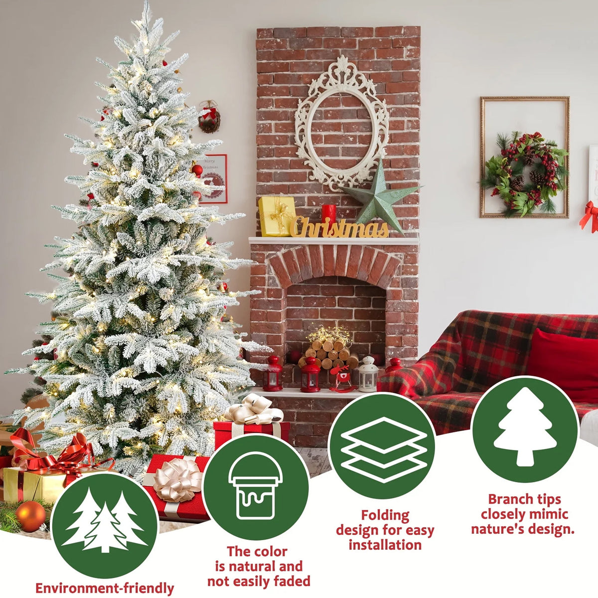 Mayhihi 7 ft Pre-Lit Flocked Christmas Tree, Artificial Tree with 400 Multicolored & White LED Lights, 2086 PE & PVC Branches