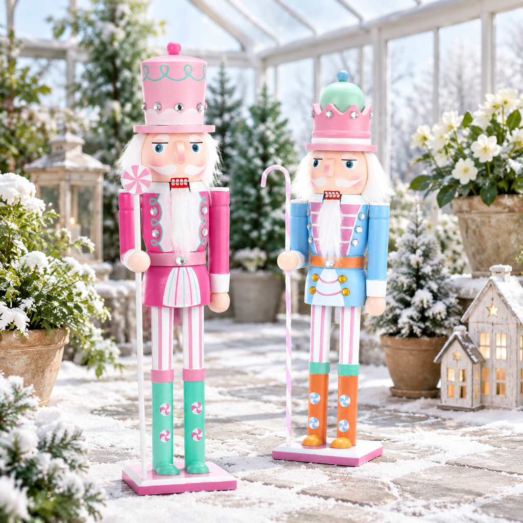 2 Pastel Nutcracker Christmas Figures, Wooden Holiday Decor Ornaments