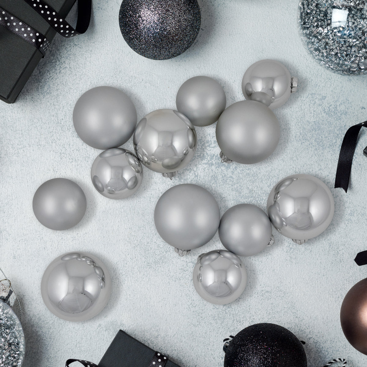 Northlight 2-Finish Christmas Glass Ball Ornaments - 4" & 3.25"- Silver - 72ct