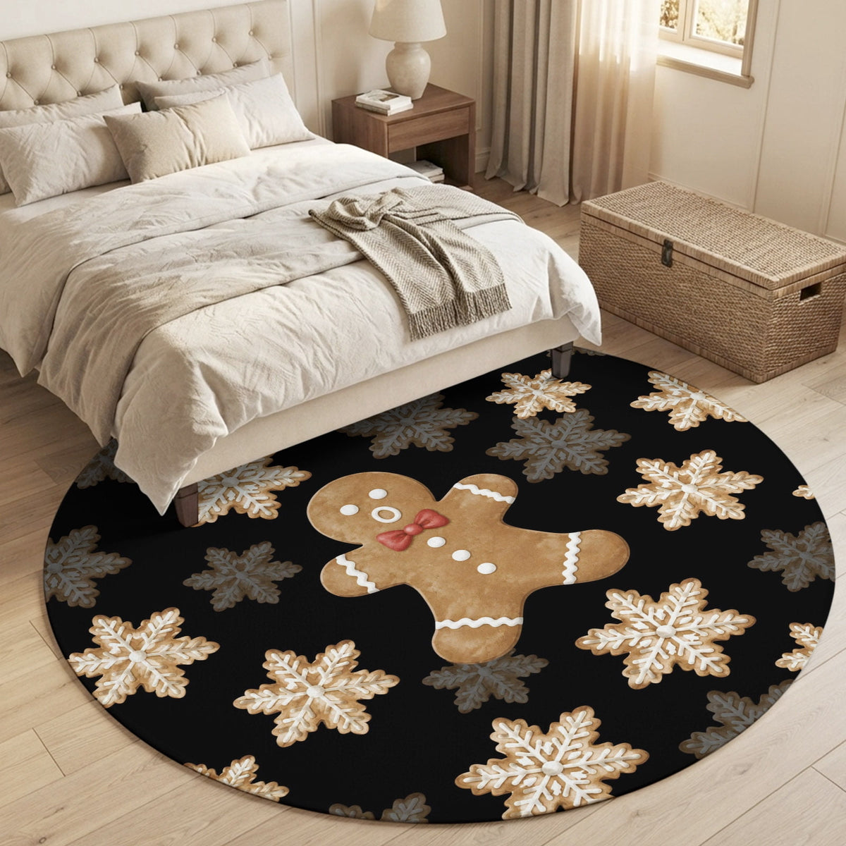 6ft Round Rug, Christmas Non-Skid Rubber Backing Large Area Rugs - Living Room Bedroom Home Office, Beige Snowflake Xmas Winter Black Indoor Floor Mat Carpets Washable Rug