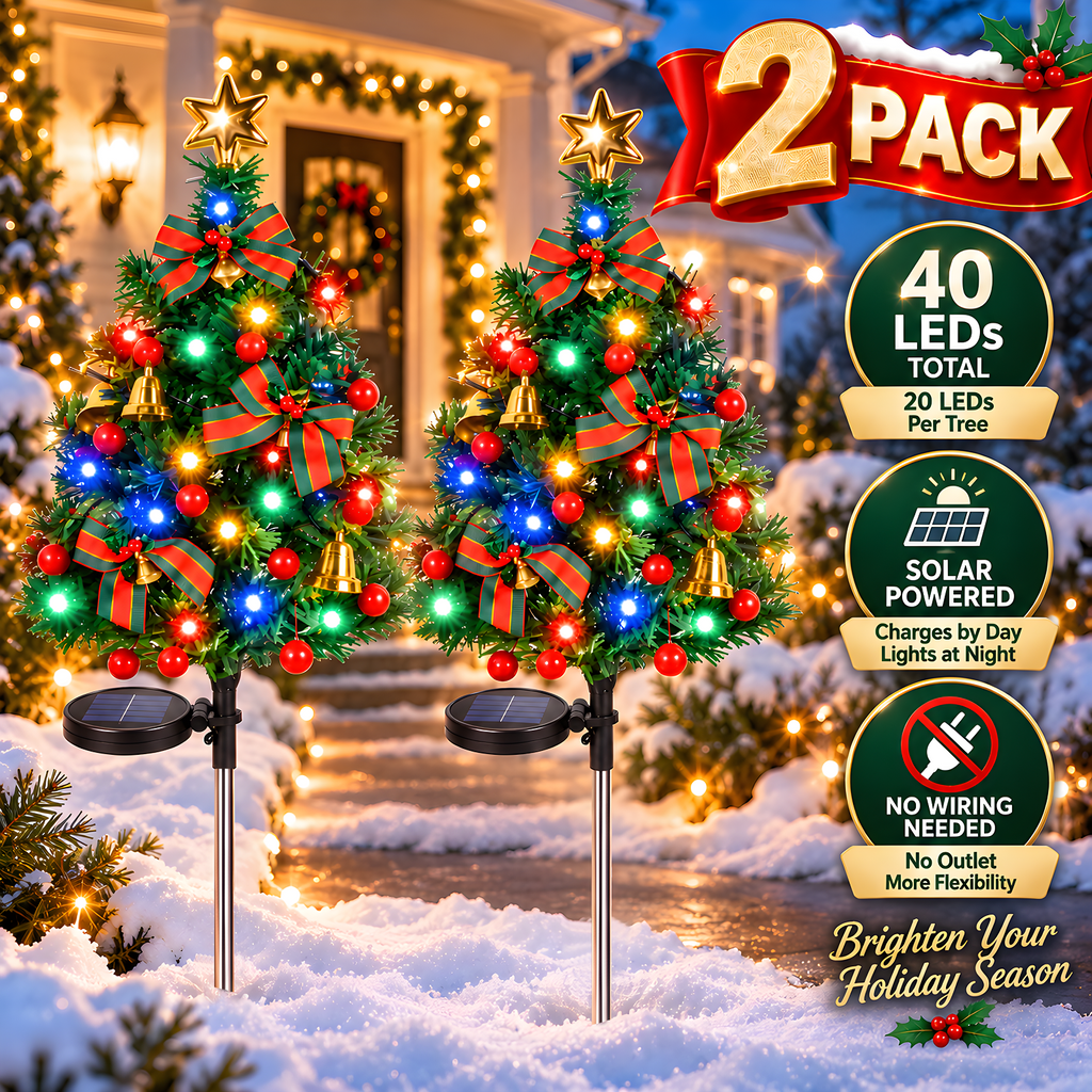 2 Pack Solar Powered Christmas Tree Lights, Outdoor Holiday Decor with 40 Bright LEDs, Waterproof Xmas Garden Decorations for Pathway, Yard, Grave and Lawn
