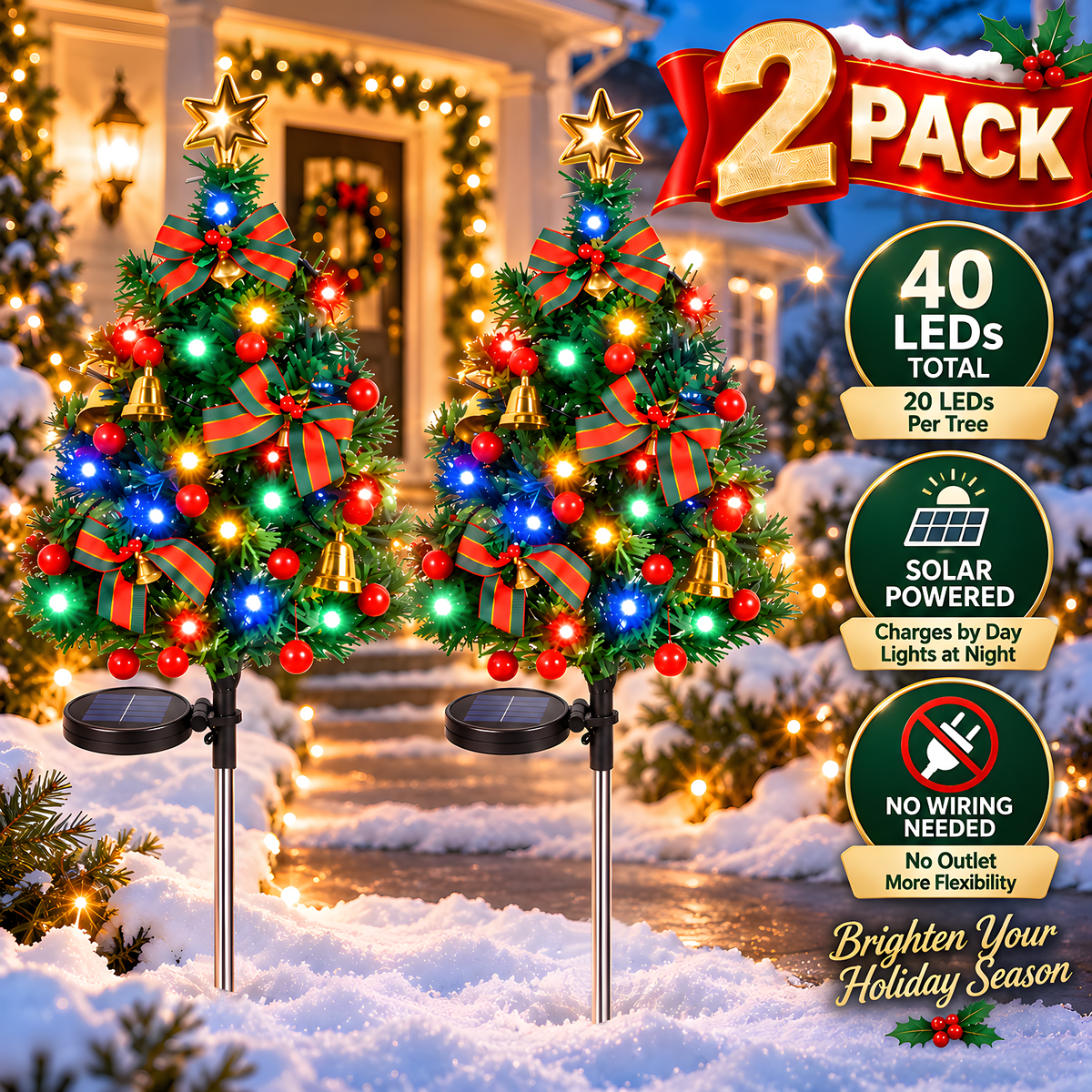 2 Pack Solar Powered Christmas Tree Lights, Outdoor Holiday Decor with 40 Bright LEDs, Waterproof Xmas Garden Decorations for Pathway, Yard, Grave and Lawn