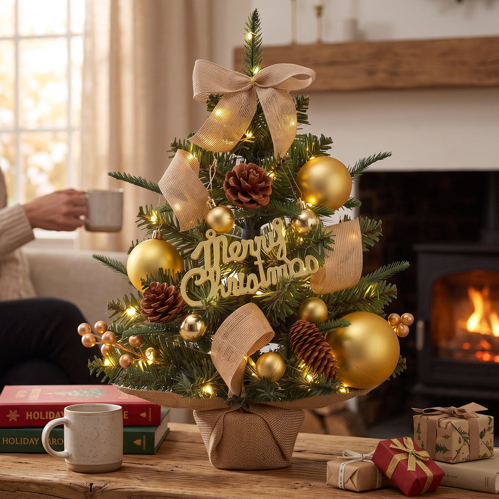 22" Mini Christmas Tree with 30 LEDs, Red Berries & Pinecones, DIY Kit, Battery Powered Tabletop Tree Christmas Decorations Gifts for Dorms, Offices, Home, Classrooms Desks & Small Spaces