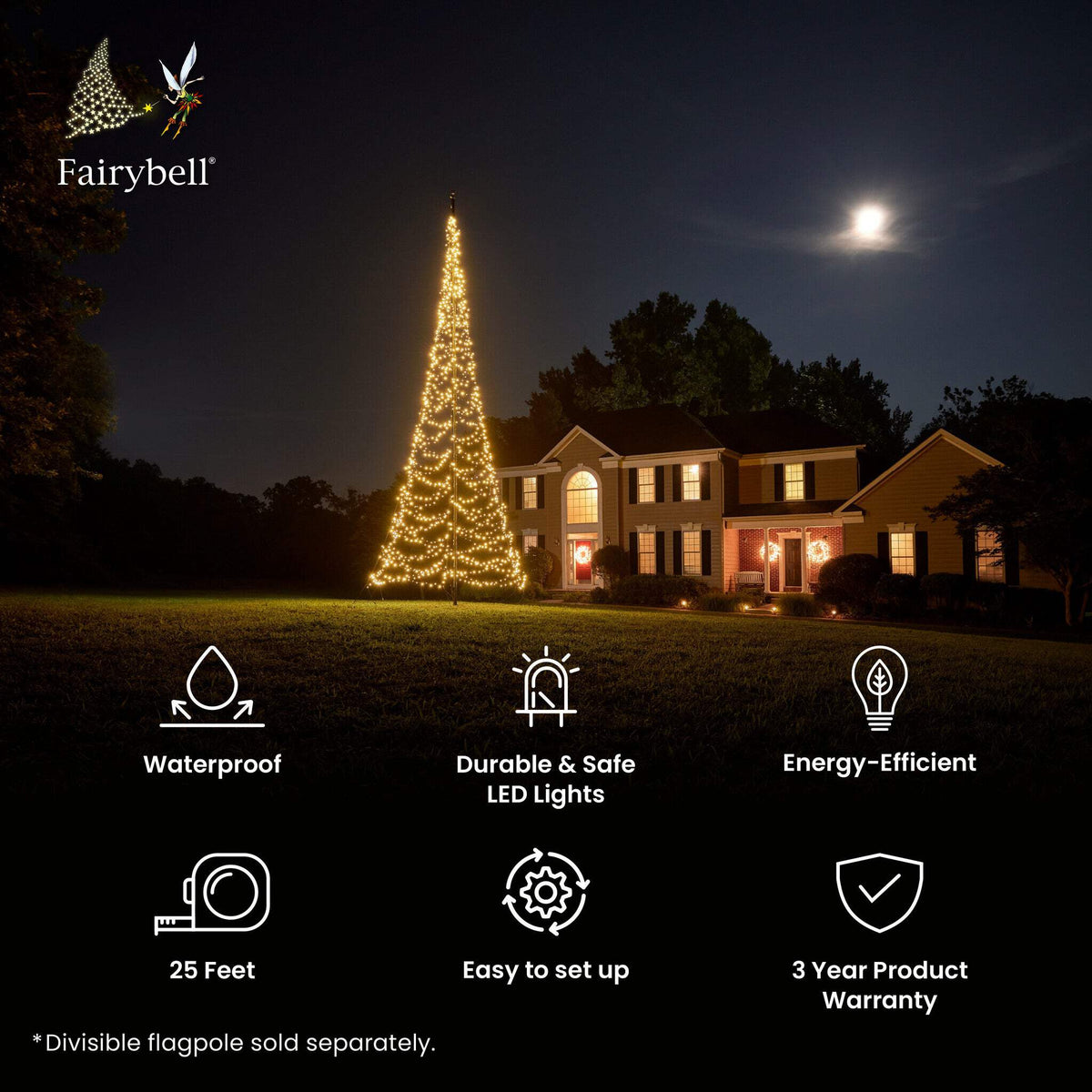 Fairybell Outdoor LED Christmas Tree (25FT 1500 LED Lights) Easy Install, Warm White Color, Pole Sold Separately