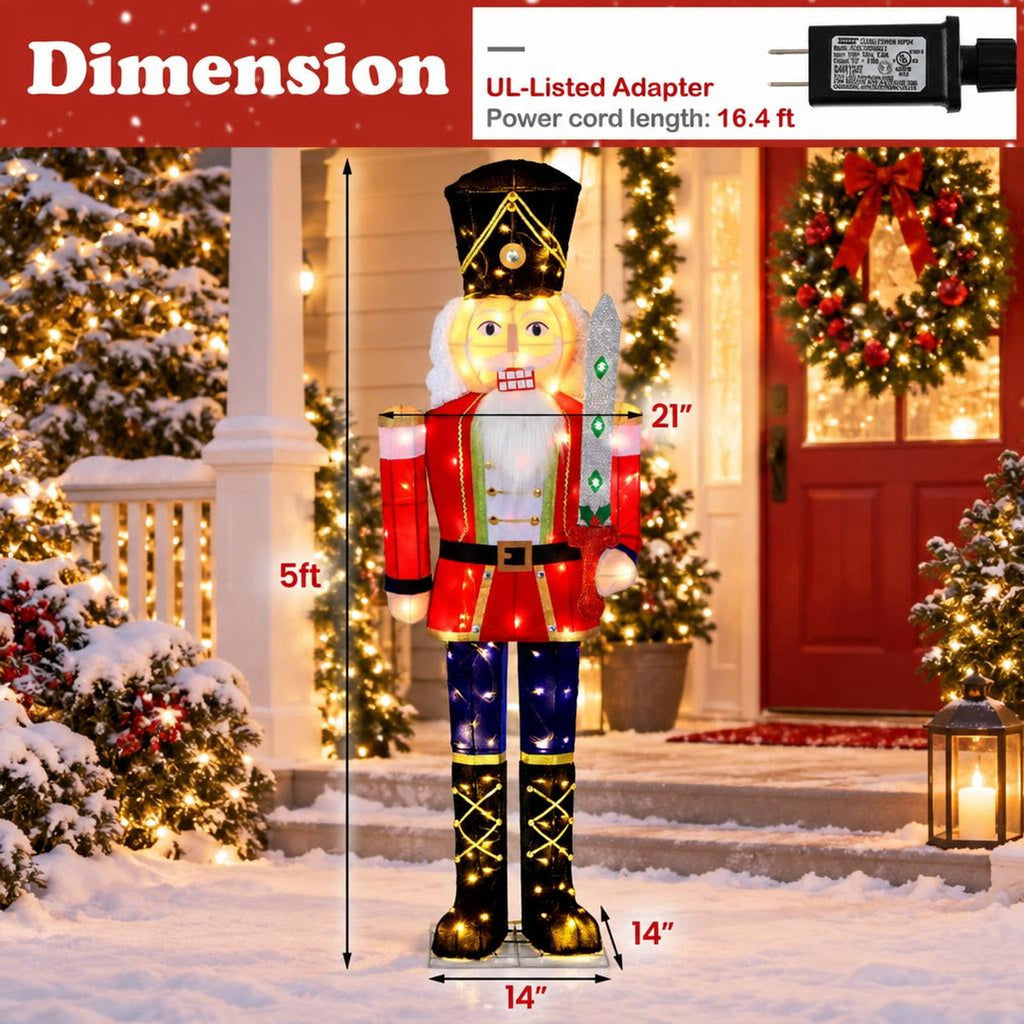 RUIE Lighted Christmas Nutcracker, 5 ft Outdoor Holiday Figure with 100 Warm White LED Lights, Glitter Sword, Metal Frame and Long Cord