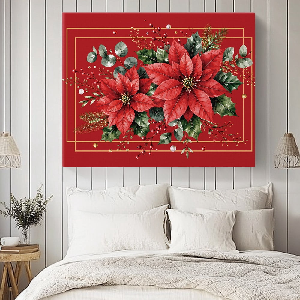 Christmas Poinsettia Flower Canvas Print Wall Art Festive Eucalyptus Leaves Red Base Wall Decor Modern Artwork Paintings Pictures for Living Room Stretched and Framed Ready to Hang - 24" x 32"
