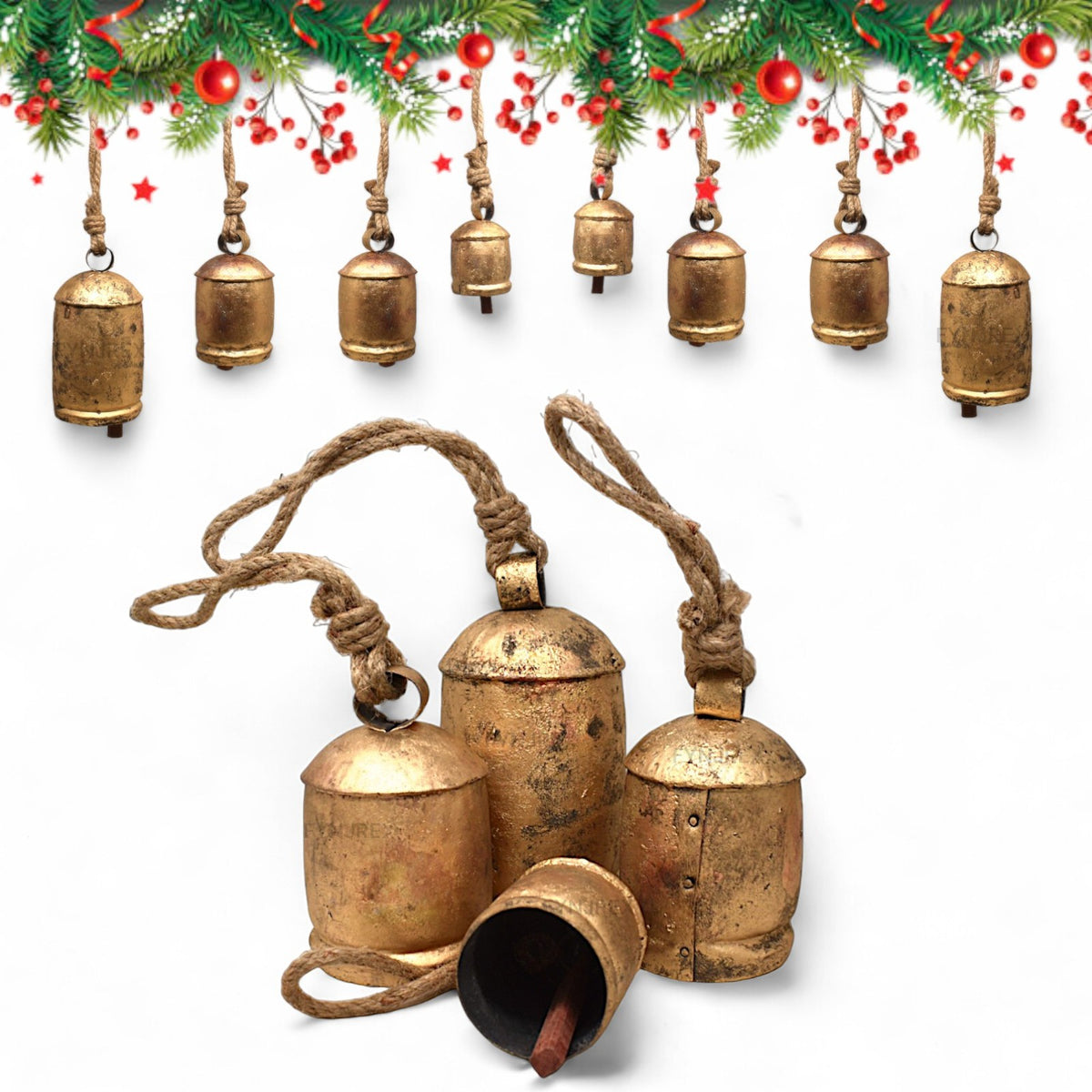 Set of 4 Vintage Rustic Christmas Bells – 1 Large 7.5" Bell, 2 Medium 5.5" Bells & 1 Small 4" Bell – Farmhouse Metal Hanging Bells for Holiday, Mantel & Door Décor