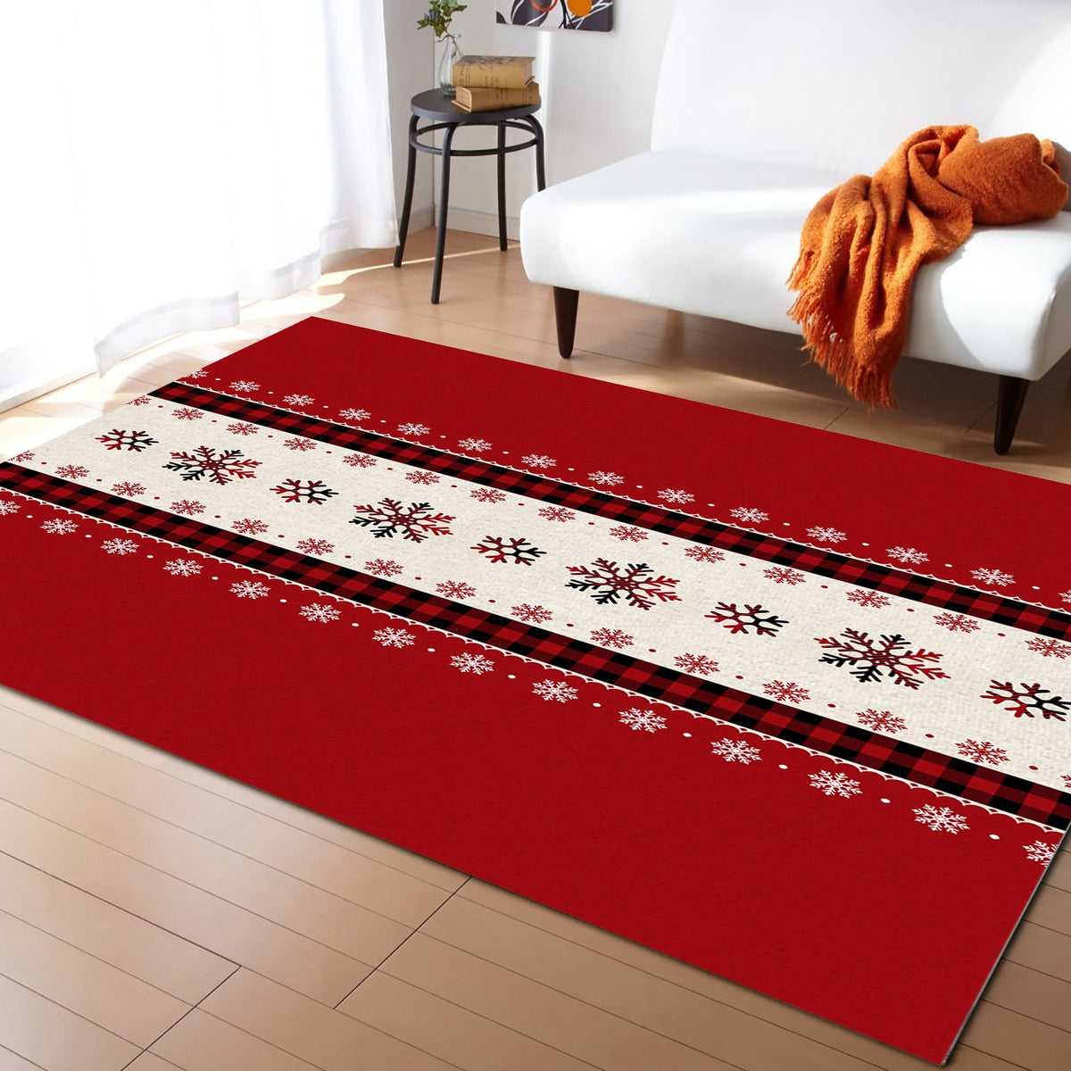 Christmas Snowflake Area Rug 5x7ft Red and Black Buffalo Plaid Non-Slip Washable Square Rugs Soft Felt Indoor Floor Mat for Bedroom Kitchen Living Room Bathroom